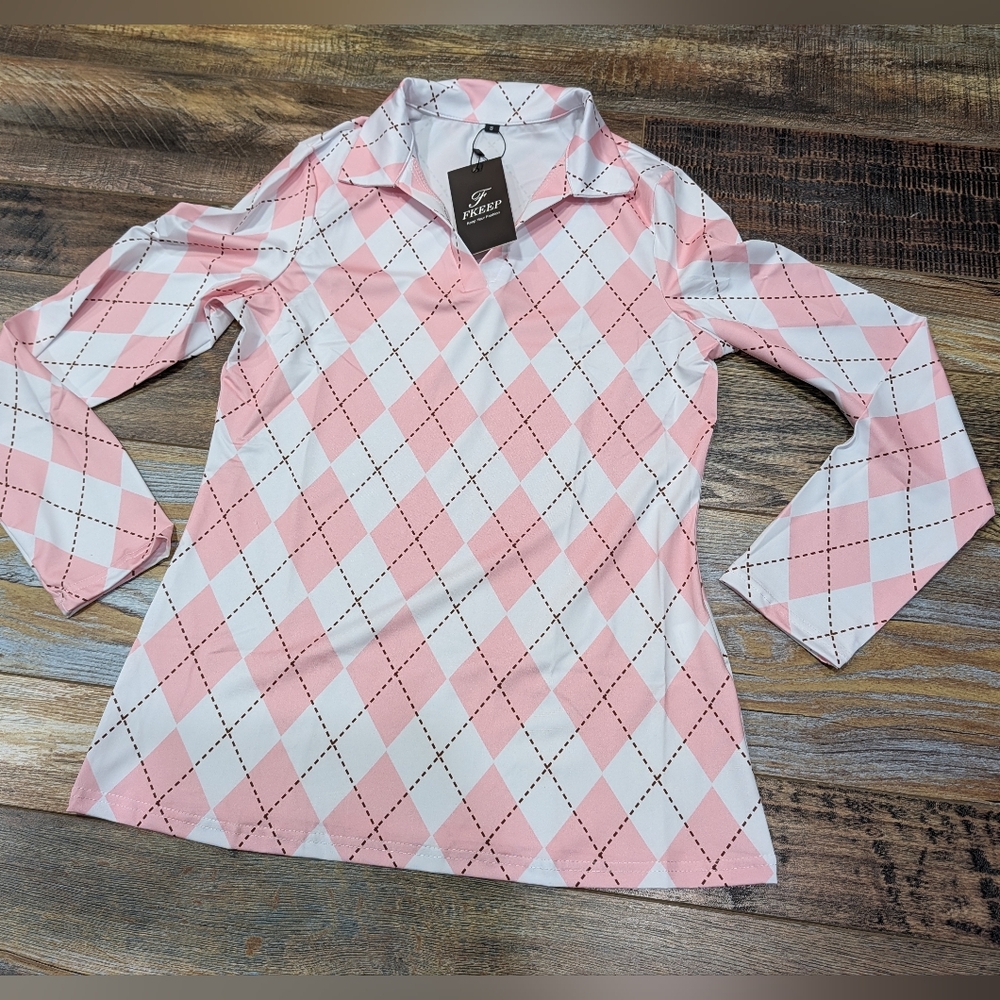FKEEP Women's Tennis Golf Shirt Long Sleeved Top Pink Checkerboard